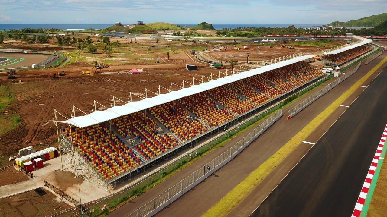 View of a stadium roof structure.